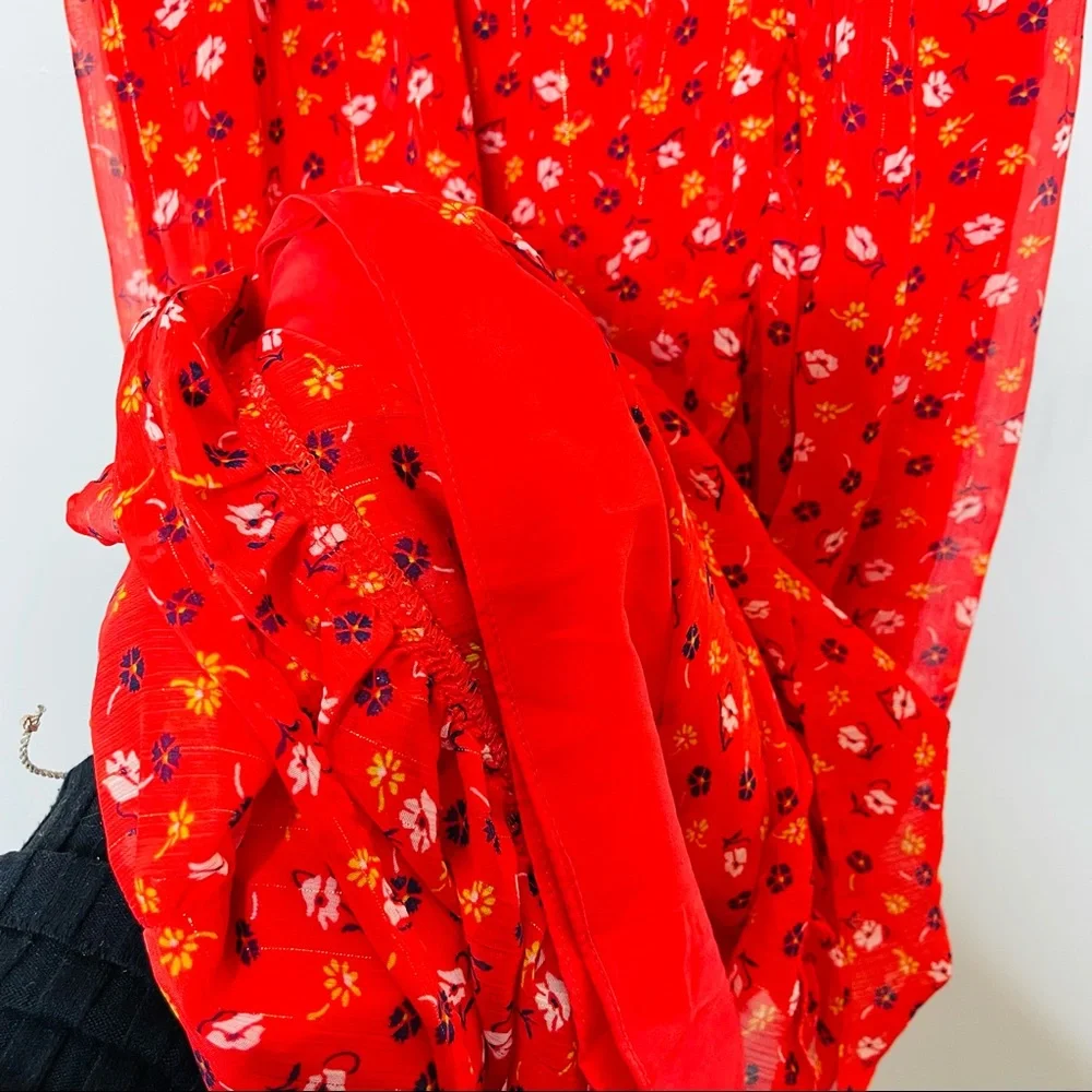 MADEWELL Ruffle-Strap Wrap Dress in Metallic-Striped Prairie Posies red - Picture 11 of 13